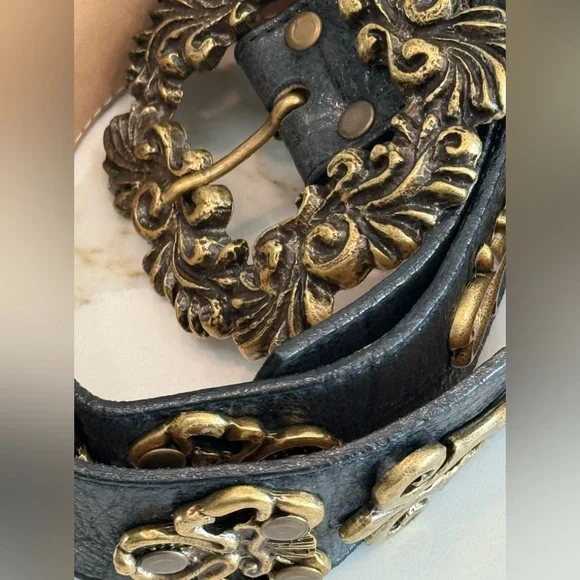 Leatherock - Black/ Brass Leather Belt. - Picture 1 of 9